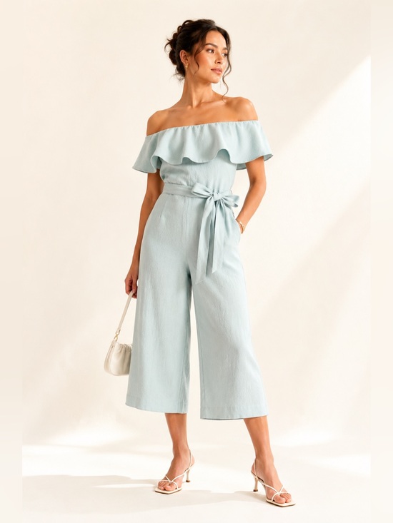 Babaton Pants - Babaton Off Shoulder Crop Jumpsuit Belted Wide Leg Crepe Mineral Blue Size 2